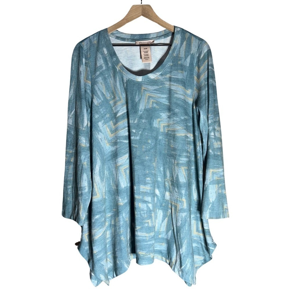 Philosophy Top Aqua Tunic  Long Sleeve Asymmetrical Hem Boho - Size XL